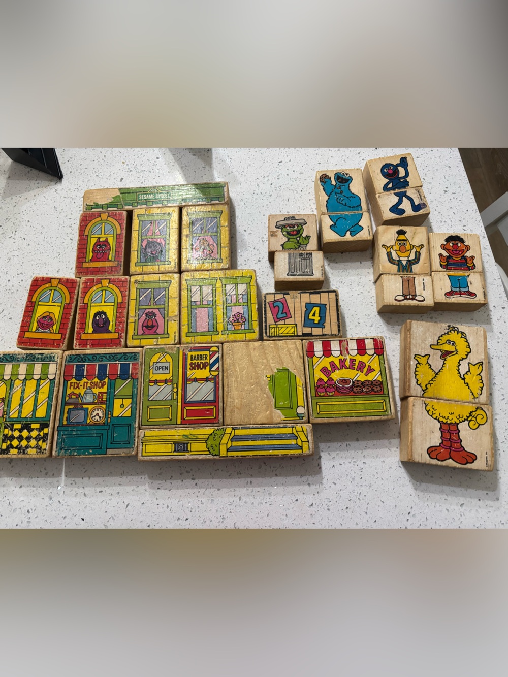 Vintage Wooden Kids Building Blocks and puzzle Set with Sesame Street Characters